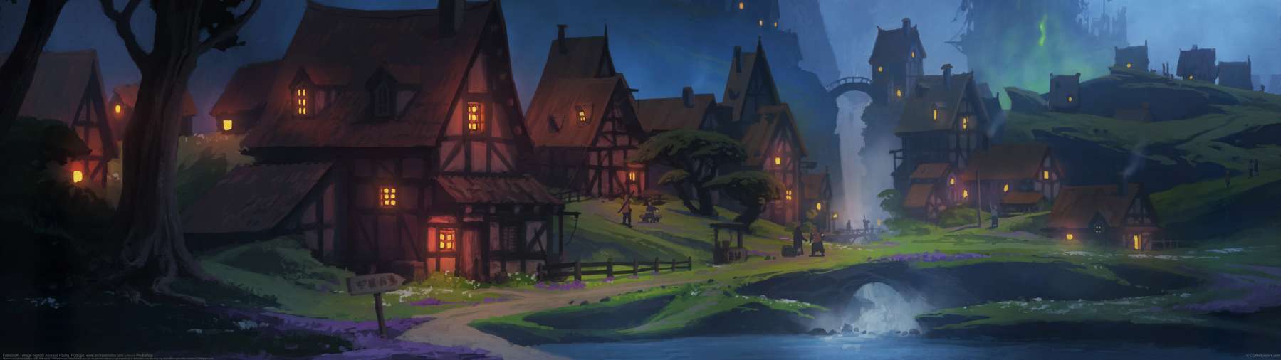 Fablecraft - village night ultra ancha fondo de escritorio