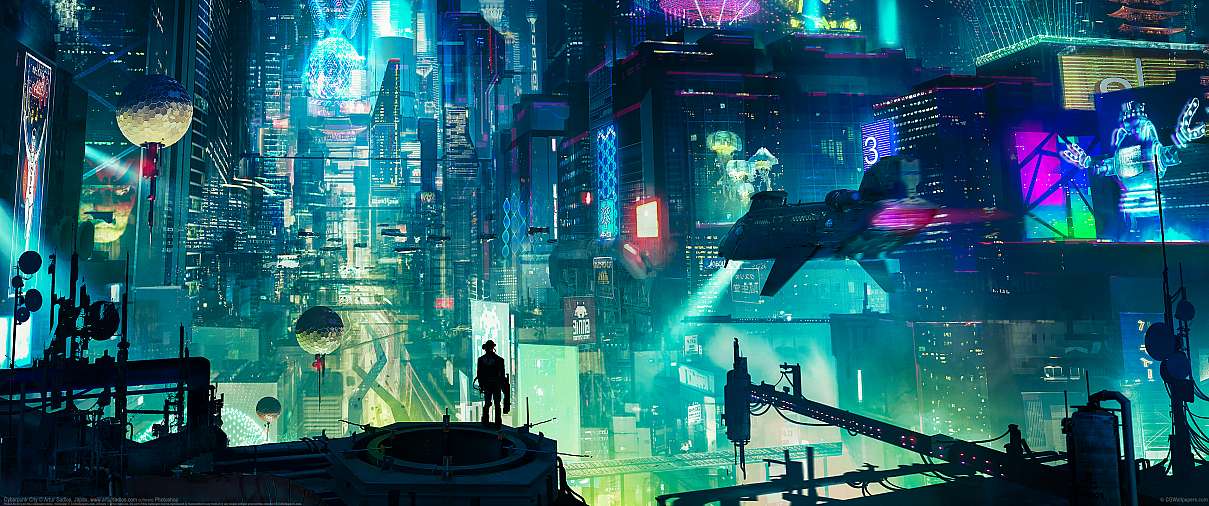 Cyberpunk City ultra ancha fondo de escritorio